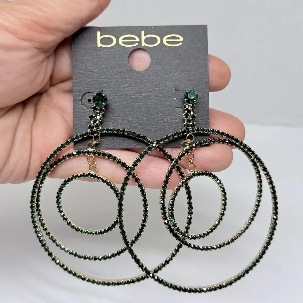 bebe Gold Tone Triple Row Emerald Green Rhinestone Hoop Dangle Earrings New